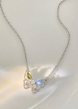 Colorful Diamond-Studded S925 Sterling Silver Butterfly Necklace for Women | Caroeas