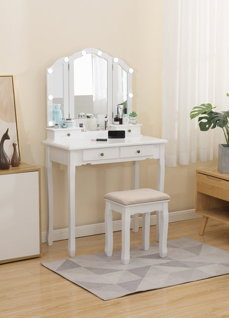 Tri-Fold Mirror Vanity for Makeup Bedroom Solid Wooden Vanity Set with Stool | Caroeas