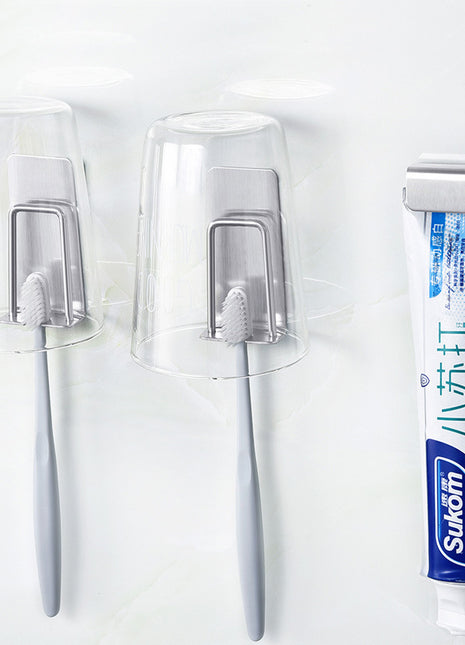 Wall Mounted Tooth Brush Holder & Cup Holder Silver Stainless Steel - Caroeas