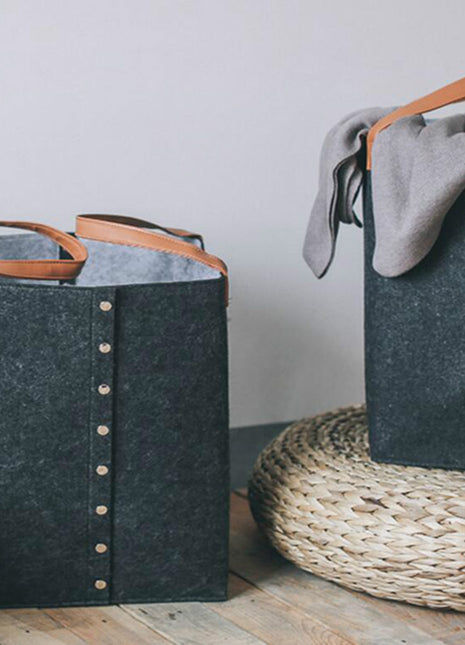 Grey Felt Laundry Hamper with Buttons Square Leather Handle Dirty Clothes Basket - Caroeas