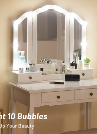 Tri-Fold Mirror Vanity for Makeup Bedroom Solid Wooden Vanity Set with Stool | Caroeas