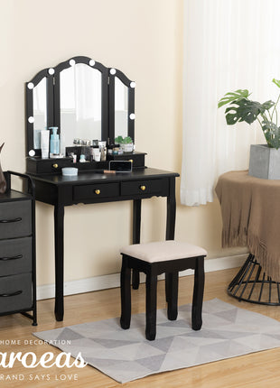 Black Makeup Vanity with Drawers Stool Vanities Desk with Lights | Caroeas