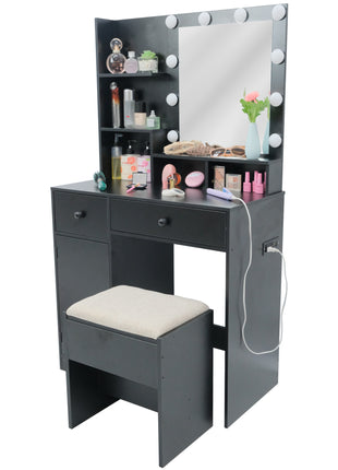 Caroeas Vanity Set with Mirror and Lights with 2 Drawers and 1 Cabinet, Vanity Set 3 Lighting Modes Brightness Adjustable for Bedroom Studio