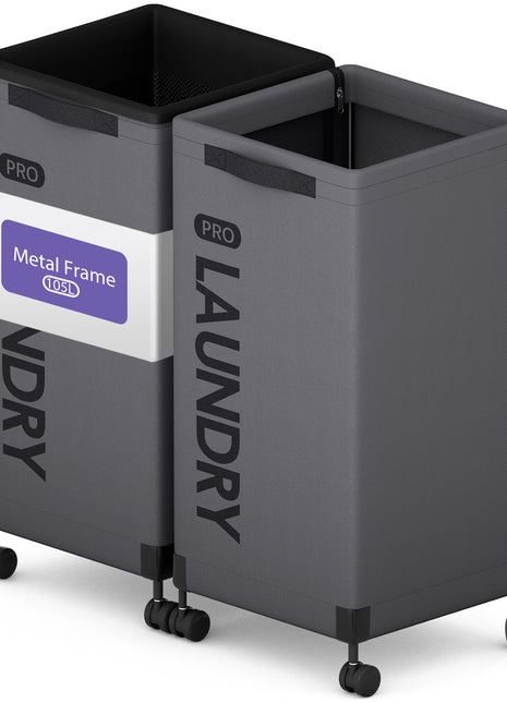 Caroeas Next-Gen 105L Matel Frame Laundry Basket with wheels, Heavy Duty Tall Rolling Laundry Hamper with Removable Wash Bag, Collapsible Freestanding Clothes Hamper For Laundry Room (100L,Grey,2Pack)