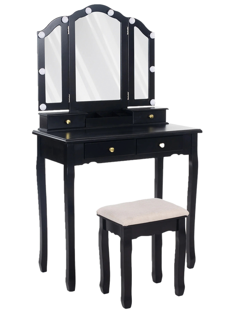 Black Makeup Vanity with Drawers Stool Vanities Desk with Lights | Caroeas