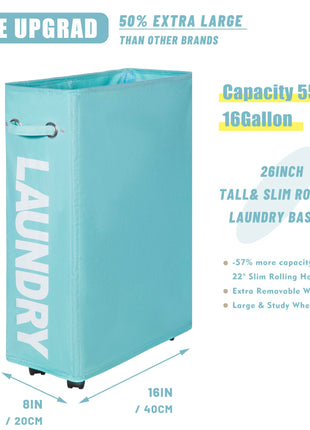 Caroeas 26-inches Rolling Slim Laundry Basket with wheels, Collapsible Laundry hamper on Wheels Tall Thin Narrow Foldable Storage Bins for Corner