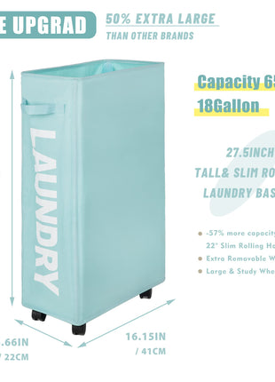 Caroeas 26-inches Rolling Slim Laundry Basket with wheels, Collapsible Laundry hamper on Wheels Tall Thin Narrow Foldable Storage Bins for Corner