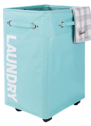 Caroeas Wheeled Laundry Hamper Light Blue Breathable Cover Heavy Duty Laundry Sorter Dirty Clothes Organizer Waterproof Foldable Laundry Basket Extra Large Laundry Bag
