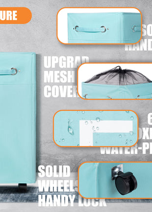 Caroeas Wheeled Laundry Hamper Light Blue Breathable Cover Heavy Duty Laundry Sorter Dirty Clothes Organizer Waterproof Foldable Laundry Basket Extra Large Laundry Bag