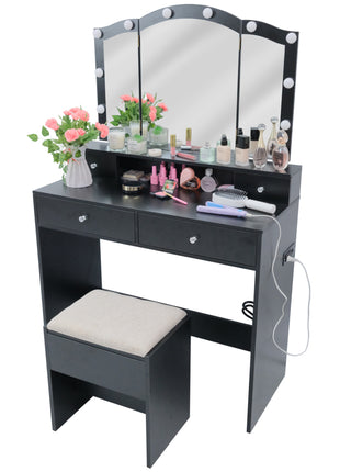 Caroeas Vanity Table with Mirror, Makeup Vanity with Lighted Tri-Fold mirror, 4 Drawers & Shelves for Women Girl