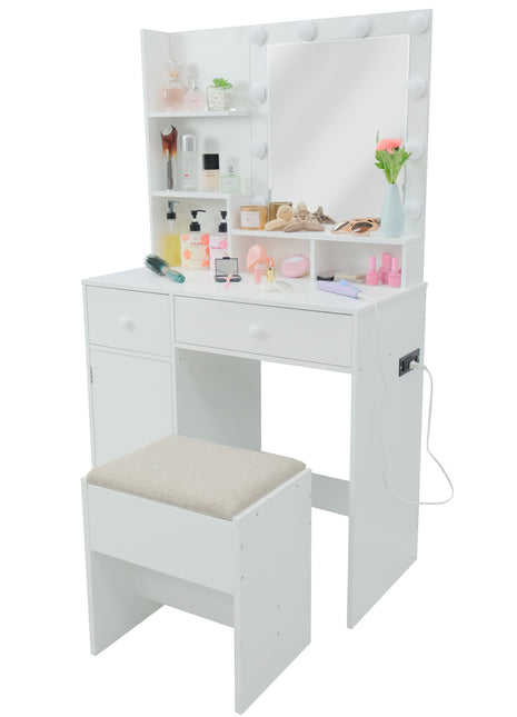 Caroeas Vanity Set with Mirror and Lights with 2 Drawers and 1 Cabinet, Vanity Set 3 Lighting Modes Brightness Adjustable for Bedroom Studio
