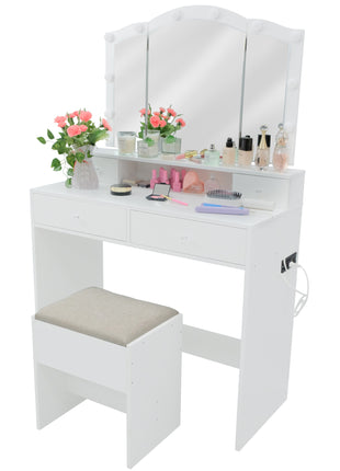 Caroeas Vanity Table with Mirror, Makeup Vanity with Lighted Tri-Fold mirror, 4 Drawers & Shelves for Women Girl