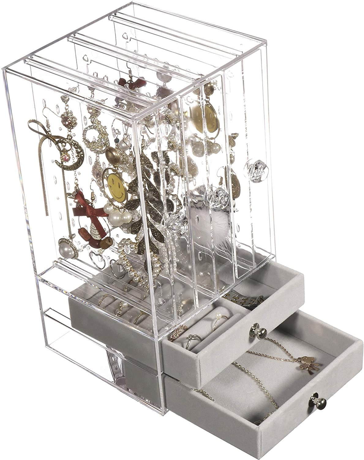 Jewelry Organizer with 3 Drawers Clear Acrylic Jewelry Box | Caroeas 24x13.5x13.5cm / Grey1