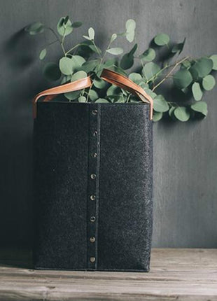 Grey Felt Laundry Hamper with Buttons Square Leather Handle Dirty Clothes Basket - Caroeas