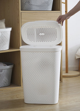Large Plastic Laundry Hamper with Lid Breathable Laundry Basket with Airhole White & Grey - Caroeas
