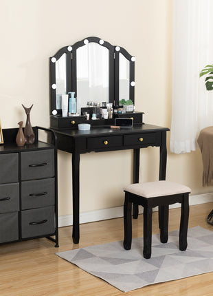 Tri-Fold Mirror Vanity for Makeup Bedroom Solid Wooden Vanity Set with Stool | Caroeas