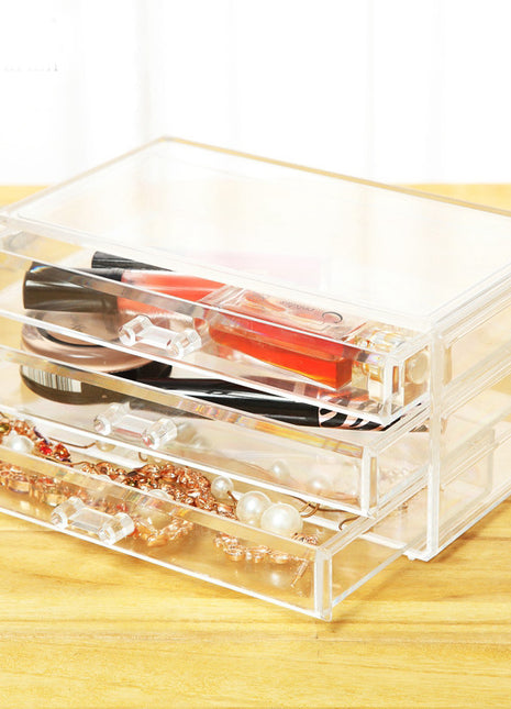 Sleek Platte Clear Makeup Organizer with Drawer for Jewelry Cosmetics and Crafts - Caroeas