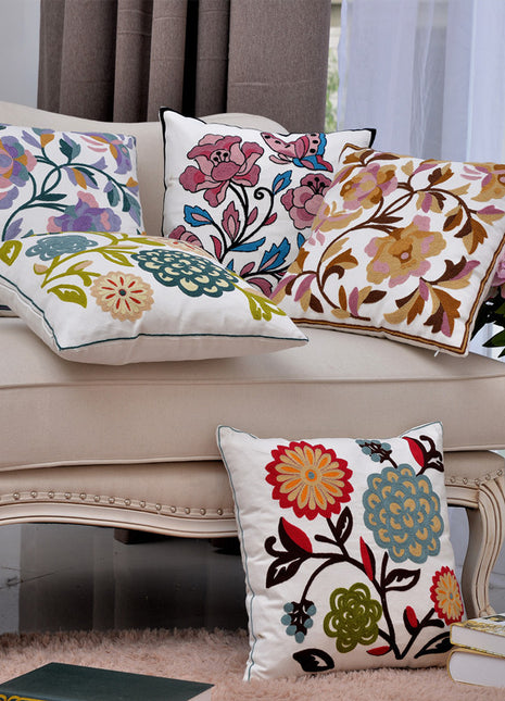 Embroidery Replacement Cushion Covers Flower Patterns Elegant Design 100% Cotton - Caroeas