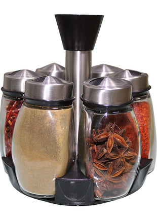 Stainless Steel Spice Rack Portable yet Sturdy Design 360 Degree Rotation with 6 Glass Jars - Caroeas