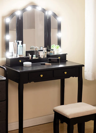 Black Makeup Vanity with Drawers Stool Vanities Desk with Lights | Caroeas