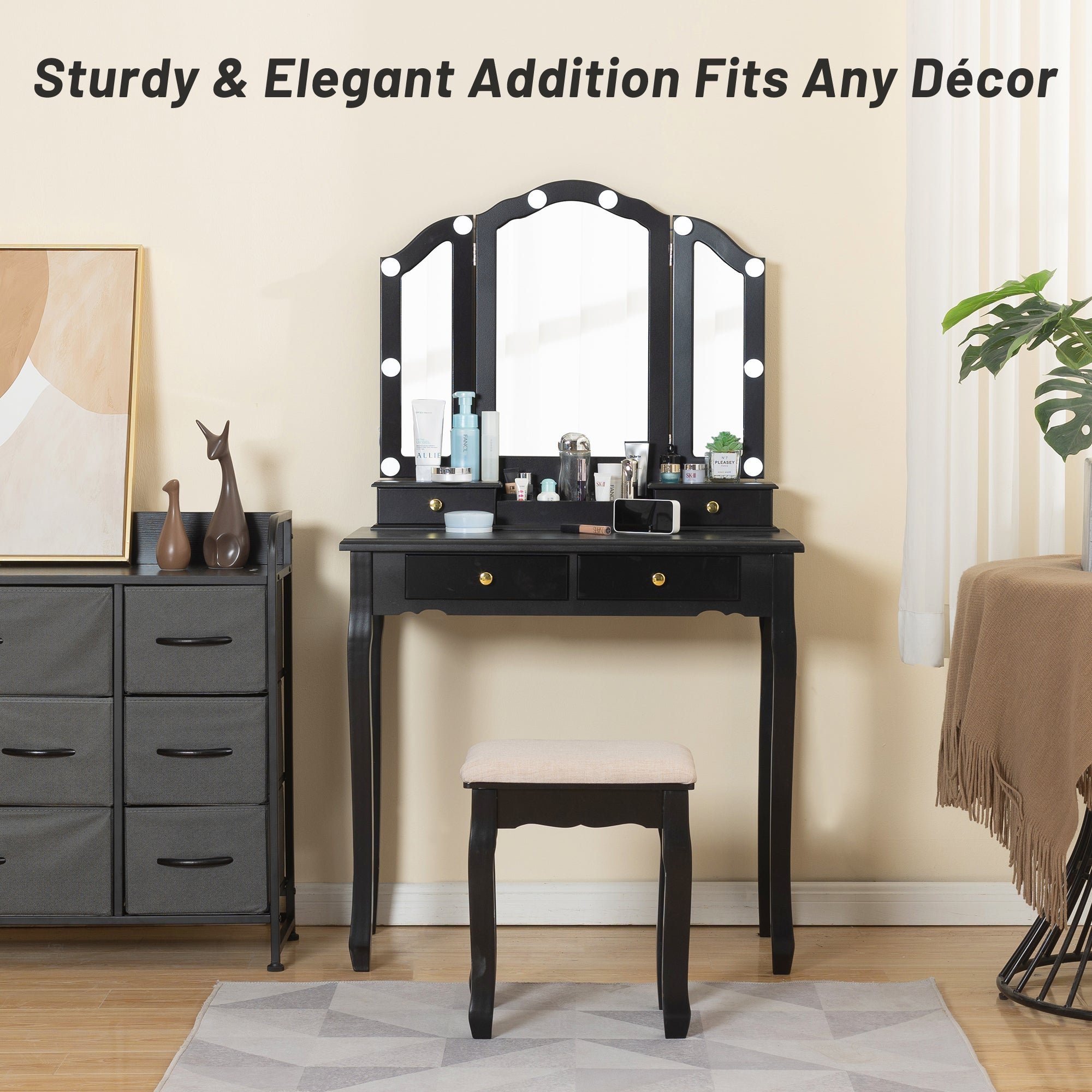 Makeup Vanity with Drawers and Stool Dresser with Lights and Mirror Caroeas Makeup Vanity with Drawers and Stool Dresser with Lights and Mirror Caroeas
