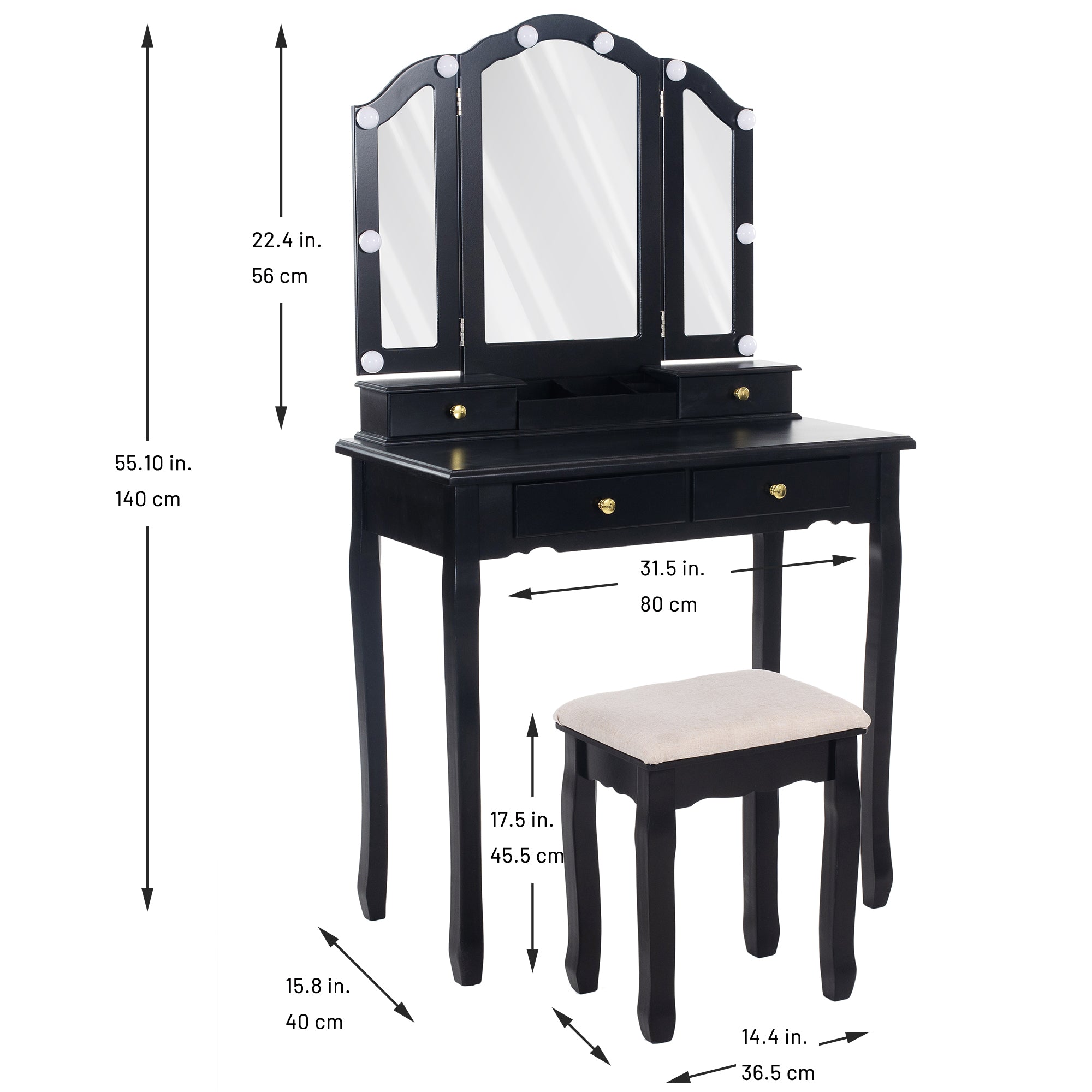 Makeup Vanity with Drawers and Stool Dresser with Lights and Mirror –  Caroeas
